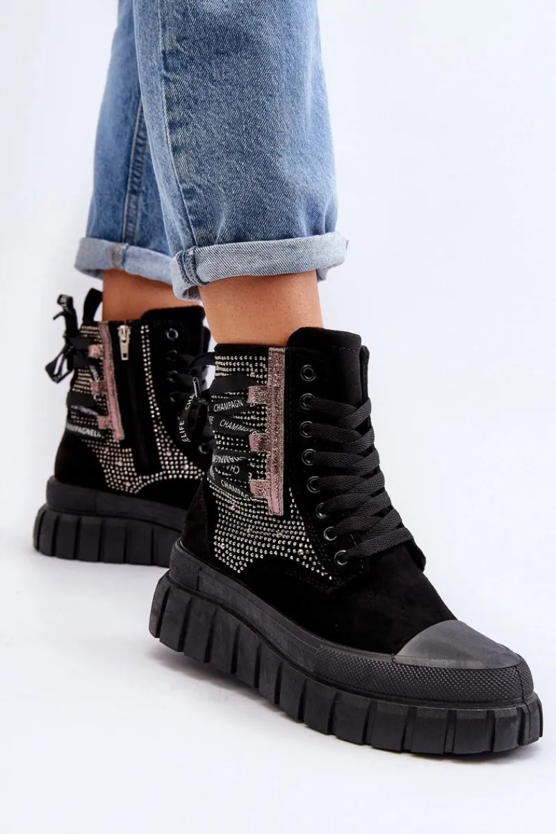 Trampki Damskie Wysokie>Boto Wysokie Trampki Damskie Na Masywnej Platformie Czarne Wonise