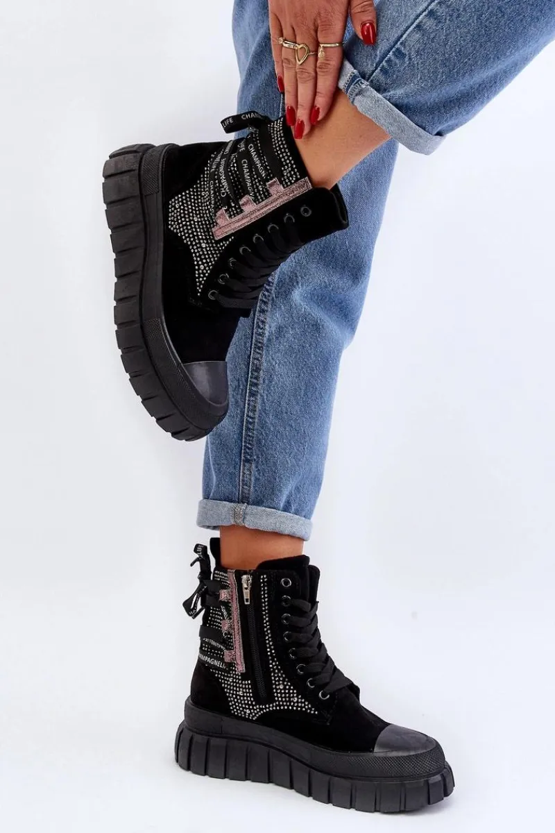 Trampki Damskie Wysokie>Boto Wysokie Trampki Damskie Na Masywnej Platformie Czarne Wonise