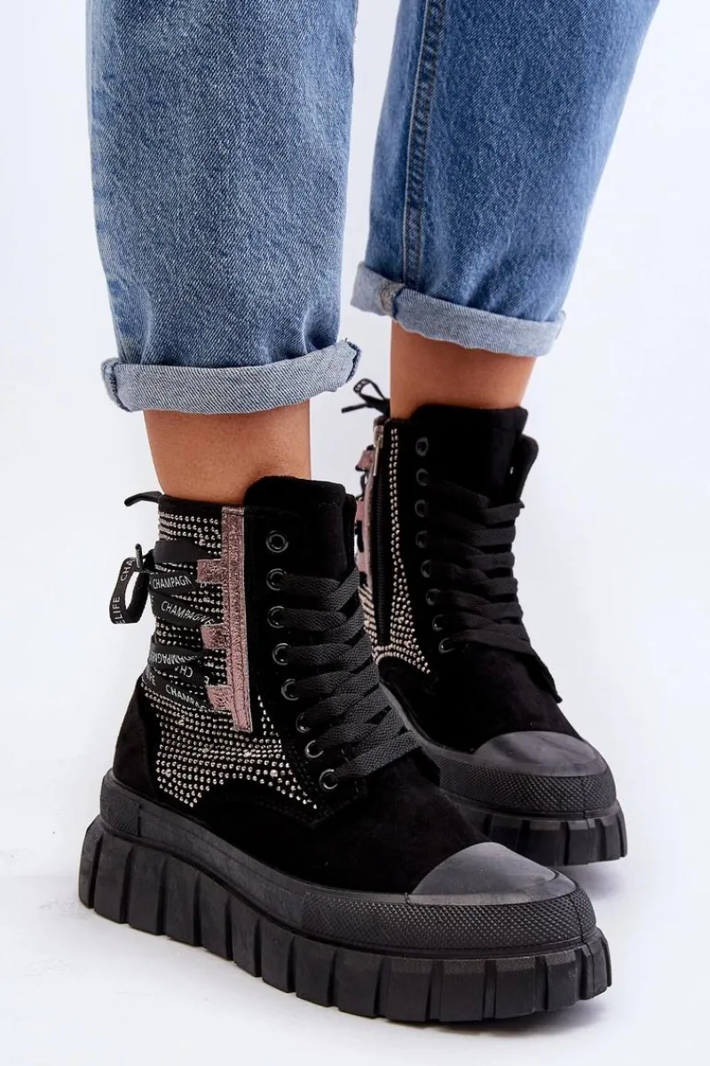 Trampki Damskie Wysokie>Boto Wysokie Trampki Damskie Na Masywnej Platformie Czarne Wonise