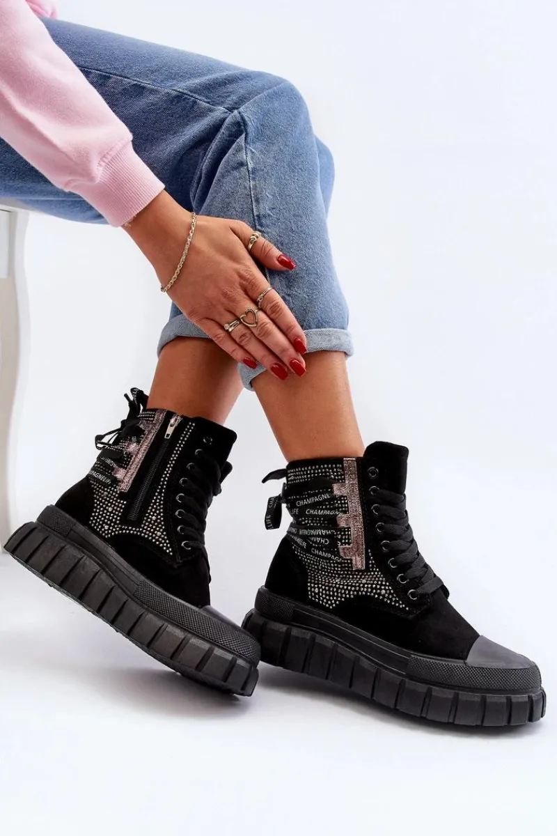 Trampki Damskie Wysokie>Boto Wysokie Trampki Damskie Na Masywnej Platformie Czarne Wonise
