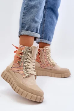 Outlet Wysokie Trampki Damskie Na Masywnej Platformie Beżowe Kernia Damskie Trampki Damskie Wysokie