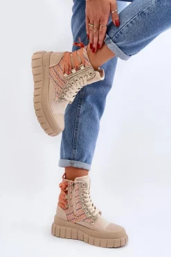 Outlet Wysokie Trampki Damskie Na Masywnej Platformie Beżowe Kernia Damskie Trampki Damskie Wysokie