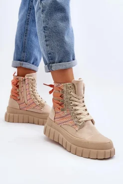 Outlet Wysokie Trampki Damskie Na Masywnej Platformie Beżowe Kernia Damskie Trampki Damskie Wysokie