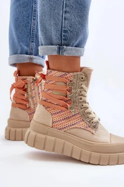 Outlet Wysokie Trampki Damskie Na Masywnej Platformie Beżowe Kernia Damskie Trampki Damskie Wysokie