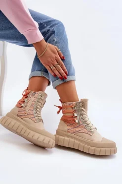 Outlet Wysokie Trampki Damskie Na Masywnej Platformie Beżowe Kernia Damskie Trampki Damskie Wysokie