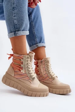 Outlet Wysokie Trampki Damskie Na Masywnej Platformie Beżowe Kernia Damskie Trampki Damskie Wysokie