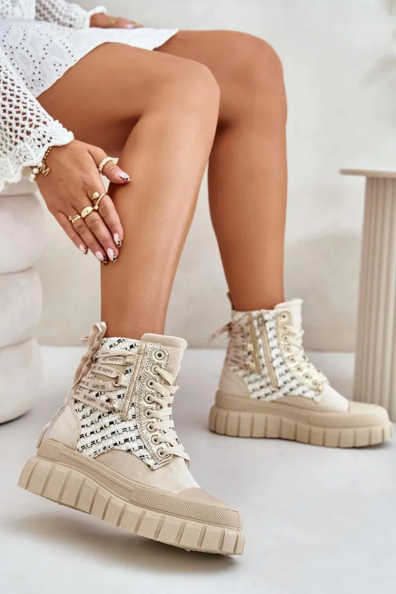 Clearance Wysokie Trampki Damskie Na Masywnej Platformie Jasnobeżowe Kernia Damskie Trampki Damskie Wysokie
