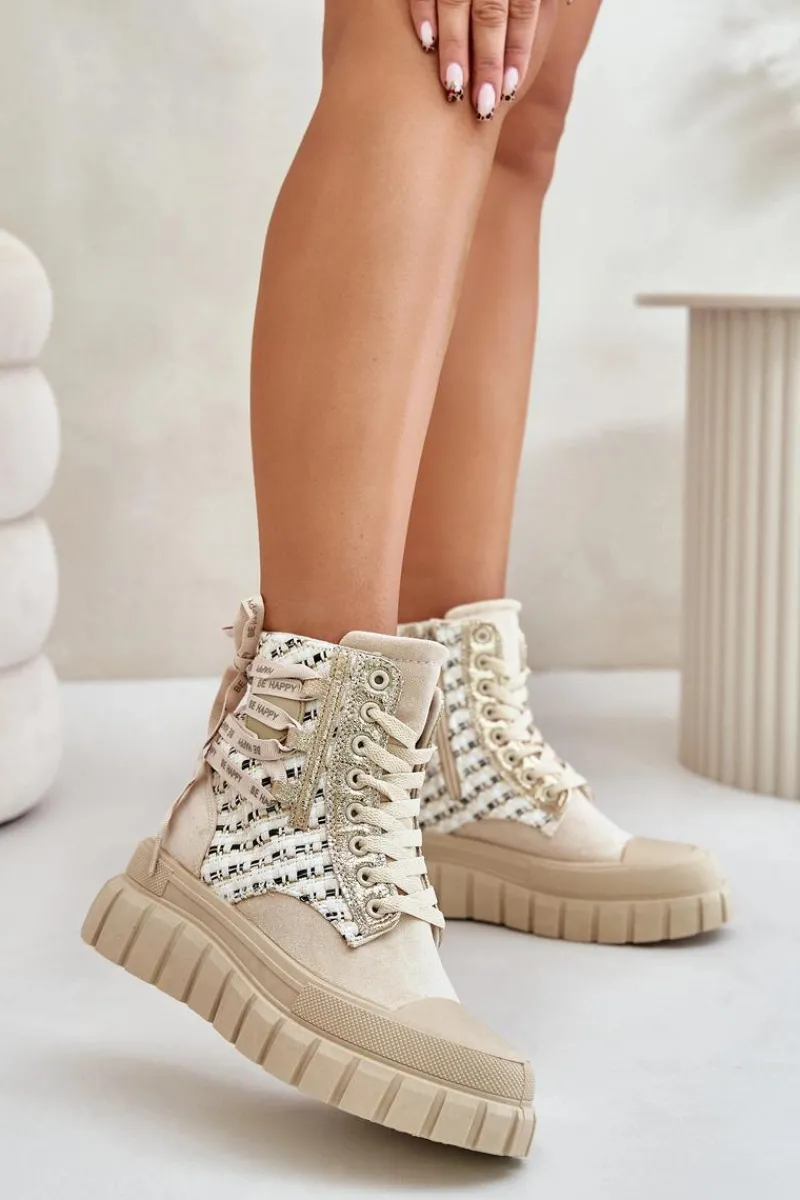 Clearance Wysokie Trampki Damskie Na Masywnej Platformie Jasnobeżowe Kernia Damskie Trampki Damskie Wysokie