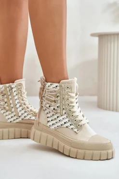 Clearance Wysokie Trampki Damskie Na Masywnej Platformie Jasnobeżowe Kernia Damskie Trampki Damskie Wysokie