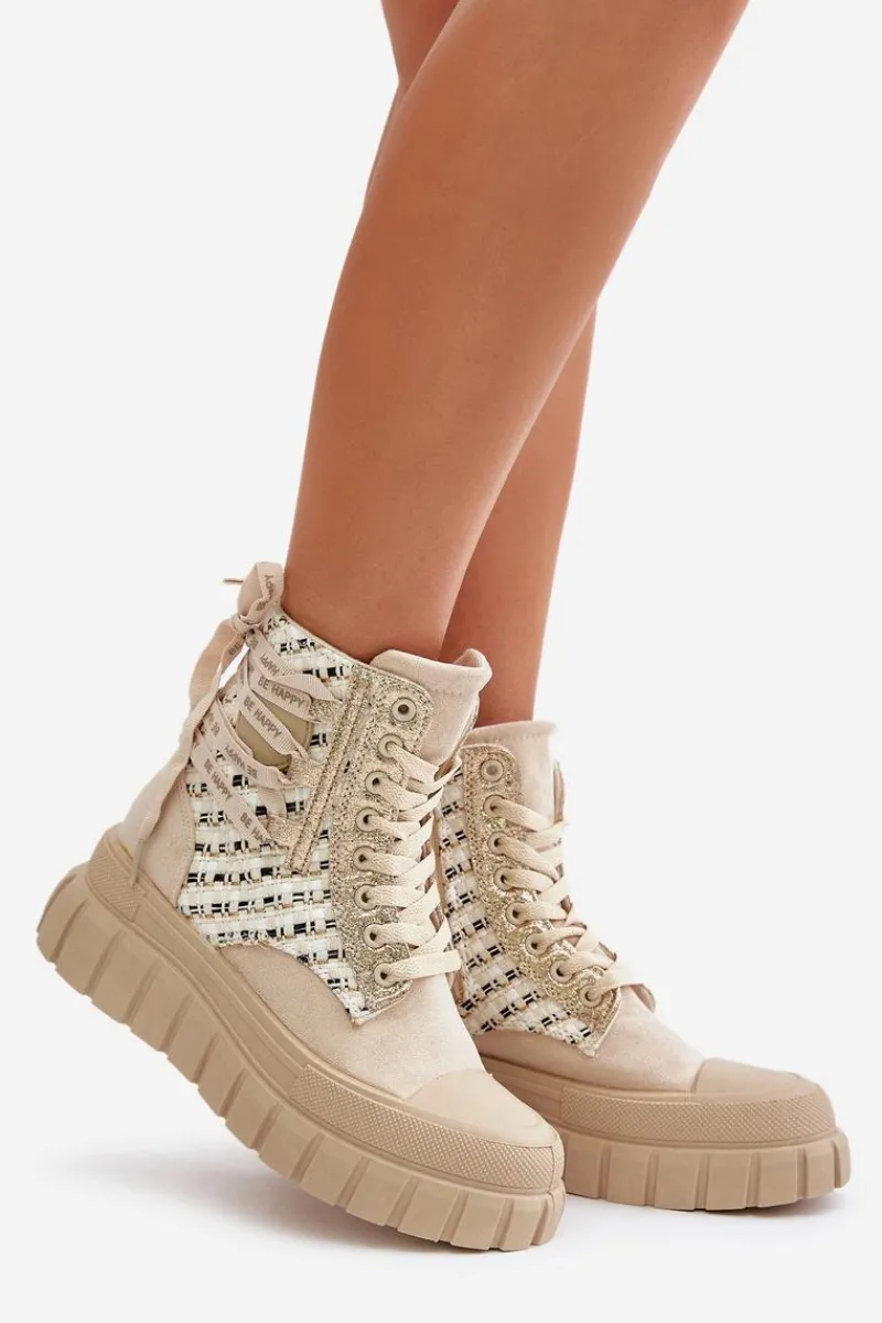 Clearance Wysokie Trampki Damskie Na Masywnej Platformie Jasnobeżowe Kernia Damskie Trampki Damskie Wysokie