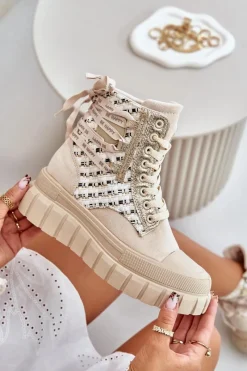 Clearance Wysokie Trampki Damskie Na Masywnej Platformie Jasnobeżowe Kernia Damskie Trampki Damskie Wysokie