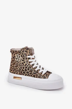 Discount Boto Wysokie Trampki Damskie W Panterkę Na Platformie Brązowe Laviriona Brązowy