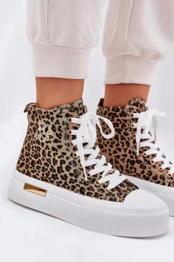 Discount Boto Wysokie Trampki Damskie W Panterkę Na Platformie Brązowe Laviriona Brązowy