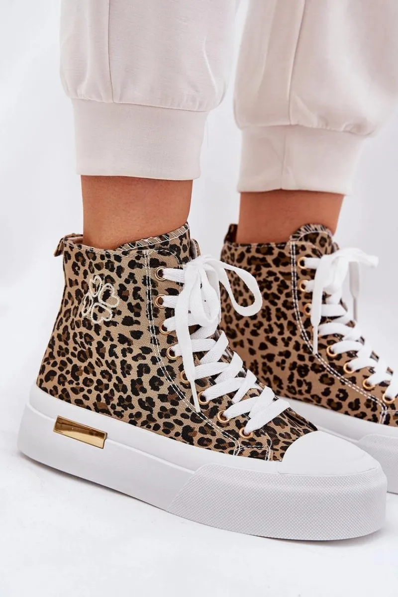 Discount Boto Wysokie Trampki Damskie W Panterkę Na Platformie Brązowe Laviriona Brązowy