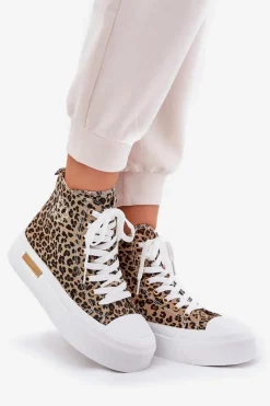 Discount Boto Wysokie Trampki Damskie W Panterkę Na Platformie Brązowe Laviriona Brązowy