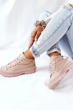 Trampki Damskie Wysokie>Boto Wysokie Trampki Na Dużej Podeszwie Beżowe Trissy