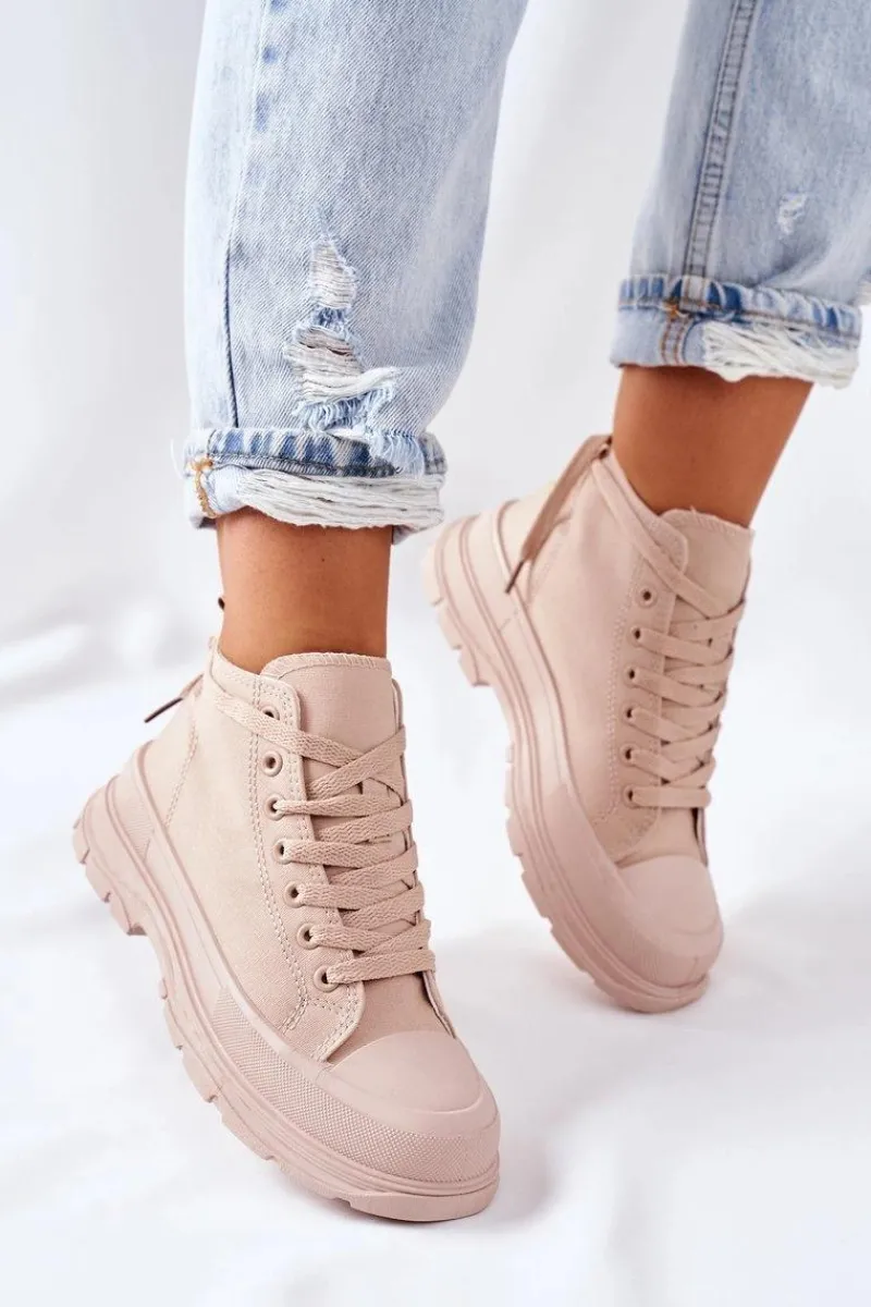 Trampki Damskie Wysokie>Boto Wysokie Trampki Na Dużej Podeszwie Beżowe Trissy