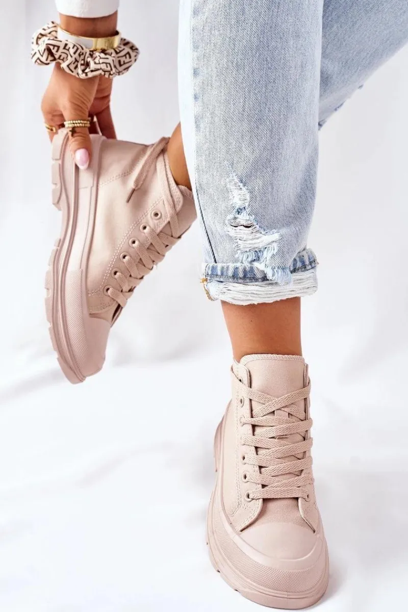 Trampki Damskie Wysokie>Boto Wysokie Trampki Na Dużej Podeszwie Beżowe Trissy