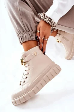 Outlet Wysokie Trampki Na Platformie Beżowe Standies Damskie Trampki Damskie Wysokie