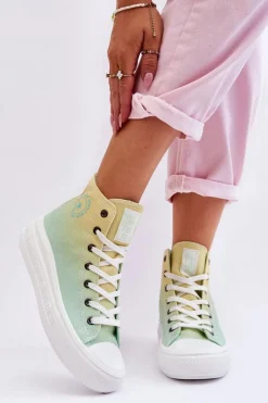 Trampki Damskie Big Star|Trampki Damskie Wysokie>Big Star Shoes Wysokie Trampki Na Platformie Big Star LL274A190 Żółto-Zielone