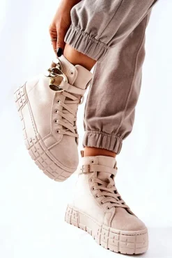 Trampki Damskie Wysokie>Boto Wysokie Trampki Na Platformie Jasnobeżowe Evenia