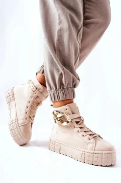 Trampki Damskie Wysokie></noscript>Boto Wysokie Trampki Na Platformie Jasnobeżowe Evenia