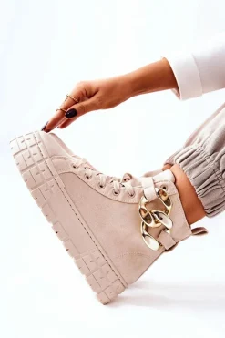 Trampki Damskie Wysokie></noscript>Boto Wysokie Trampki Na Platformie Jasnobeżowe Evenia