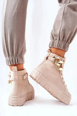 Trampki Damskie Wysokie></noscript>Boto Wysokie Trampki Na Platformie Jasnobeżowe Evenia