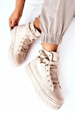 Trampki Damskie Wysokie></noscript>Boto Wysokie Trampki Na Platformie Jasnobeżowe Evenia