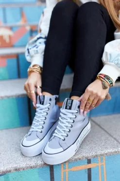 New Wysokie Trampki Na Platformie Big Star II274016 Szare Damskie Trampki Damskie Big Star|Trampki Damskie Wysokie