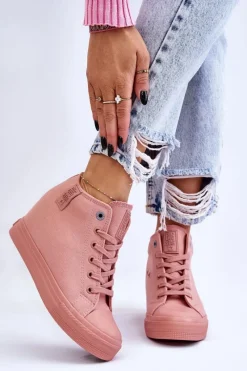 Clearance Wysokie Trampki Na Ukrytym Koturnie Big Star LL274036 Różowe Damskie Trampki Damskie Big Star|Trampki Damskie Wysokie