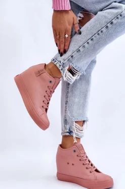 Clearance Wysokie Trampki Na Ukrytym Koturnie Big Star LL274036 Różowe Damskie Trampki Damskie Big Star|Trampki Damskie Wysokie