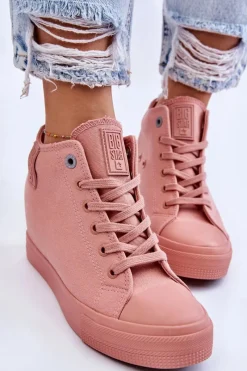 Clearance Wysokie Trampki Na Ukrytym Koturnie Big Star LL274036 Różowe Damskie Trampki Damskie Big Star|Trampki Damskie Wysokie