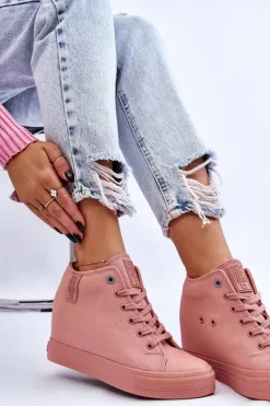 Clearance Wysokie Trampki Na Ukrytym Koturnie Big Star LL274036 Różowe Damskie Trampki Damskie Big Star|Trampki Damskie Wysokie