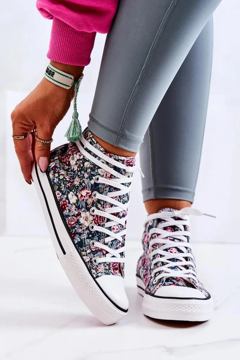 Trampki Damskie Wysokie>Boto Wysokie Trampki W Kwiaty Zielone Nollie