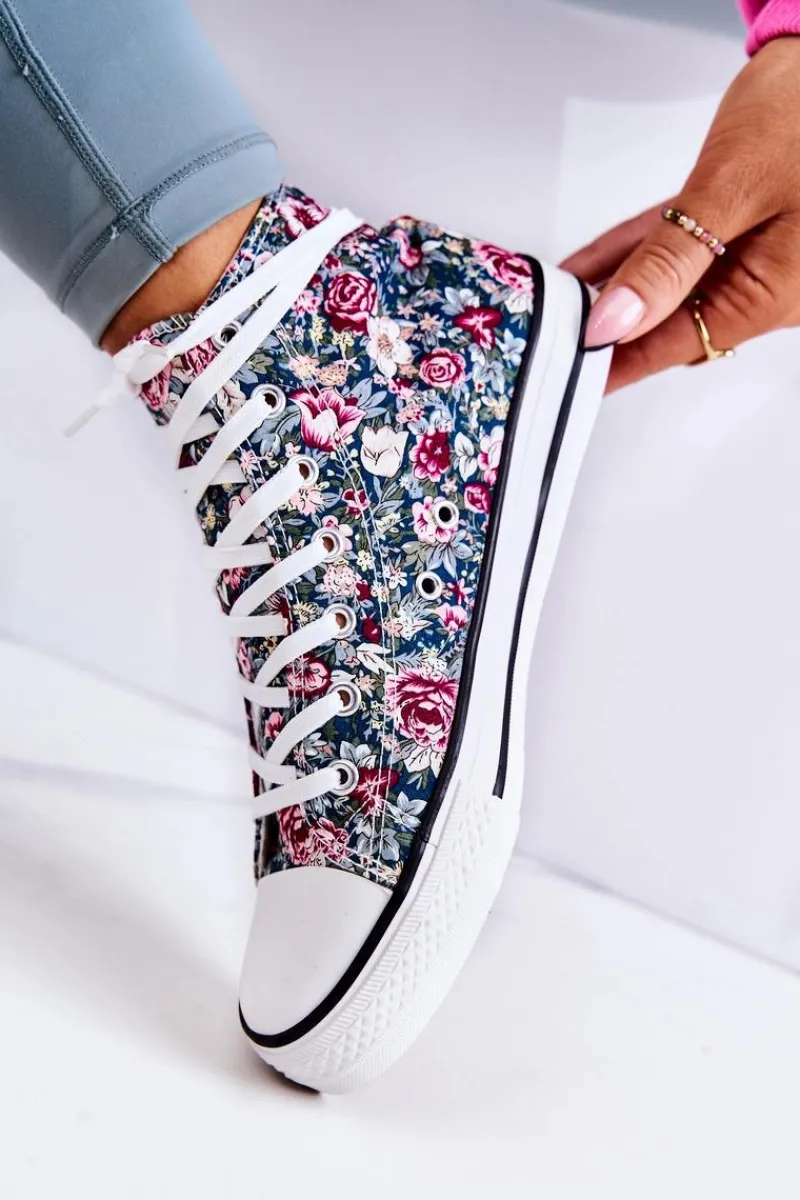 Trampki Damskie Wysokie>Boto Wysokie Trampki W Kwiaty Zielone Nollie