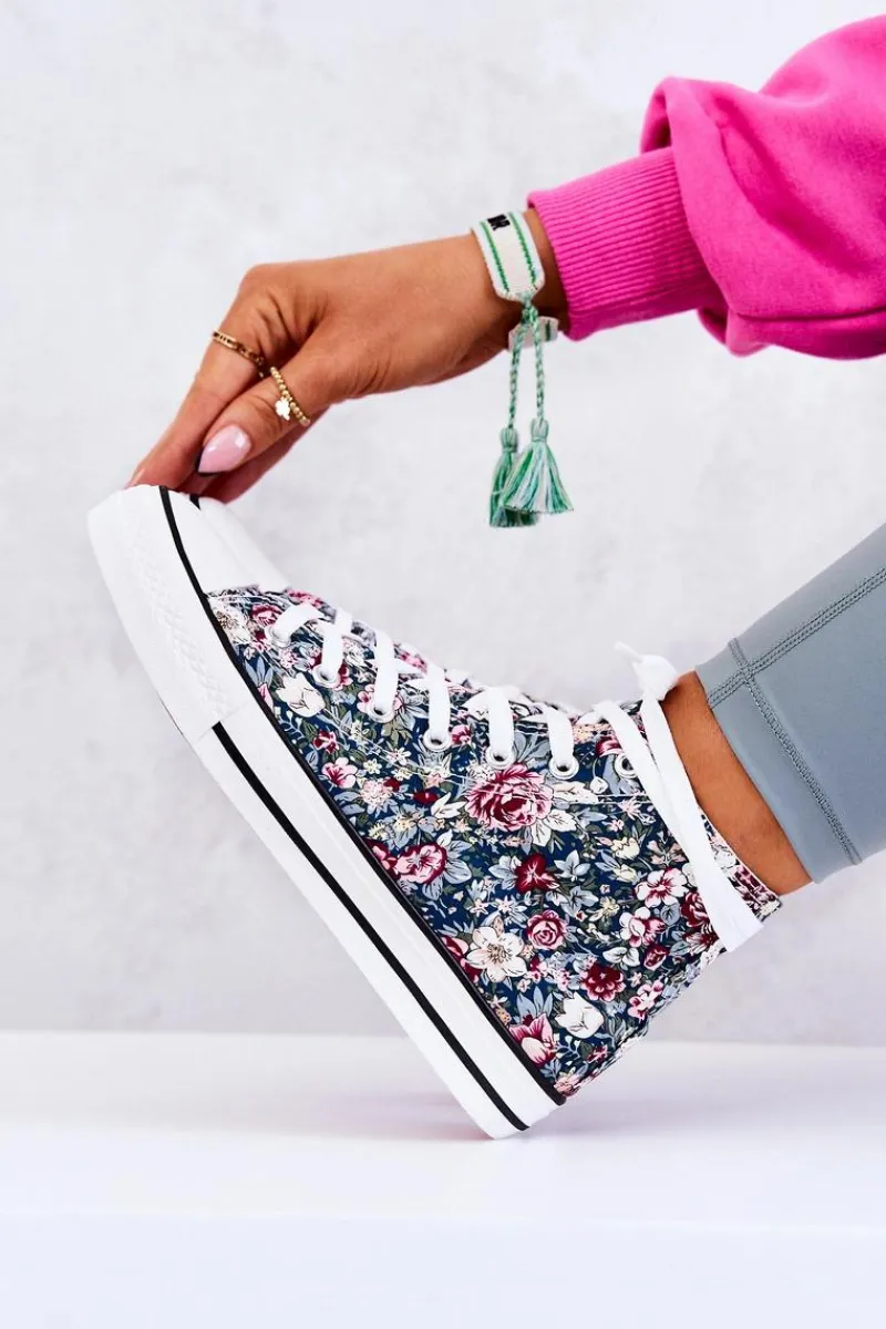 Trampki Damskie Wysokie>Boto Wysokie Trampki W Kwiaty Zielone Nollie