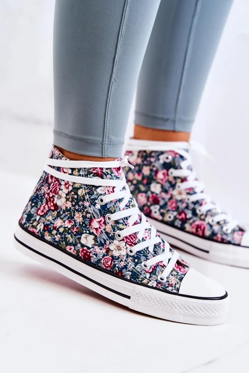 Trampki Damskie Wysokie>Boto Wysokie Trampki W Kwiaty Zielone Nollie