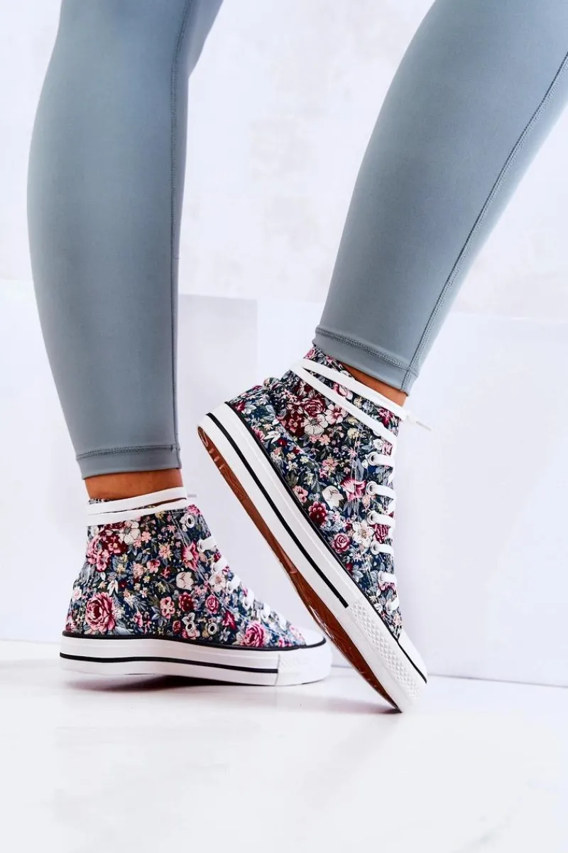 Trampki Damskie Wysokie>Boto Wysokie Trampki W Kwiaty Zielone Nollie