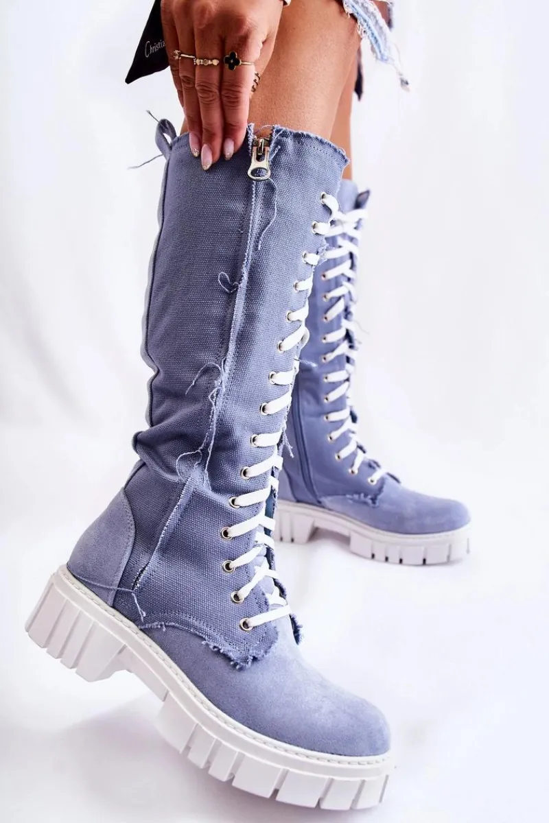 Kozaki Wiosenne|Kozaki Płaskie>Boto Wysokie Wiązane Kozaki Trapery Niebieskie Kayra