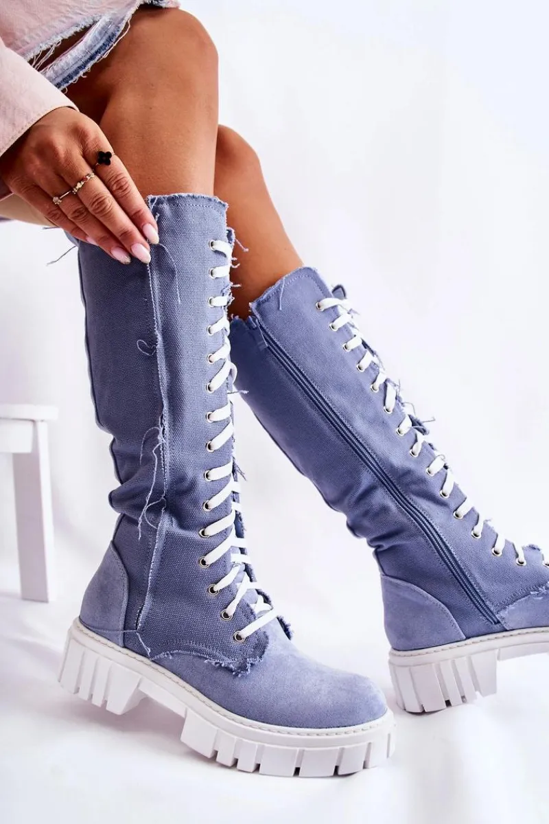 Kozaki Wiosenne|Kozaki Płaskie>Boto Wysokie Wiązane Kozaki Trapery Niebieskie Kayra