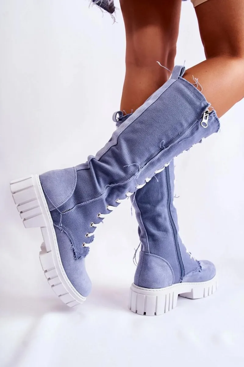 Kozaki Wiosenne|Kozaki Płaskie>Boto Wysokie Wiązane Kozaki Trapery Niebieskie Kayra