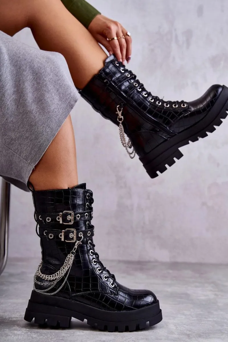 New Boto Wysokie Workery Botki Z Łańcuchem Wężowe Czarne Montero