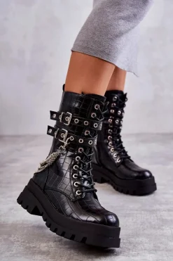 New Boto Wysokie Workery Botki Z Łańcuchem Wężowe Czarne Montero