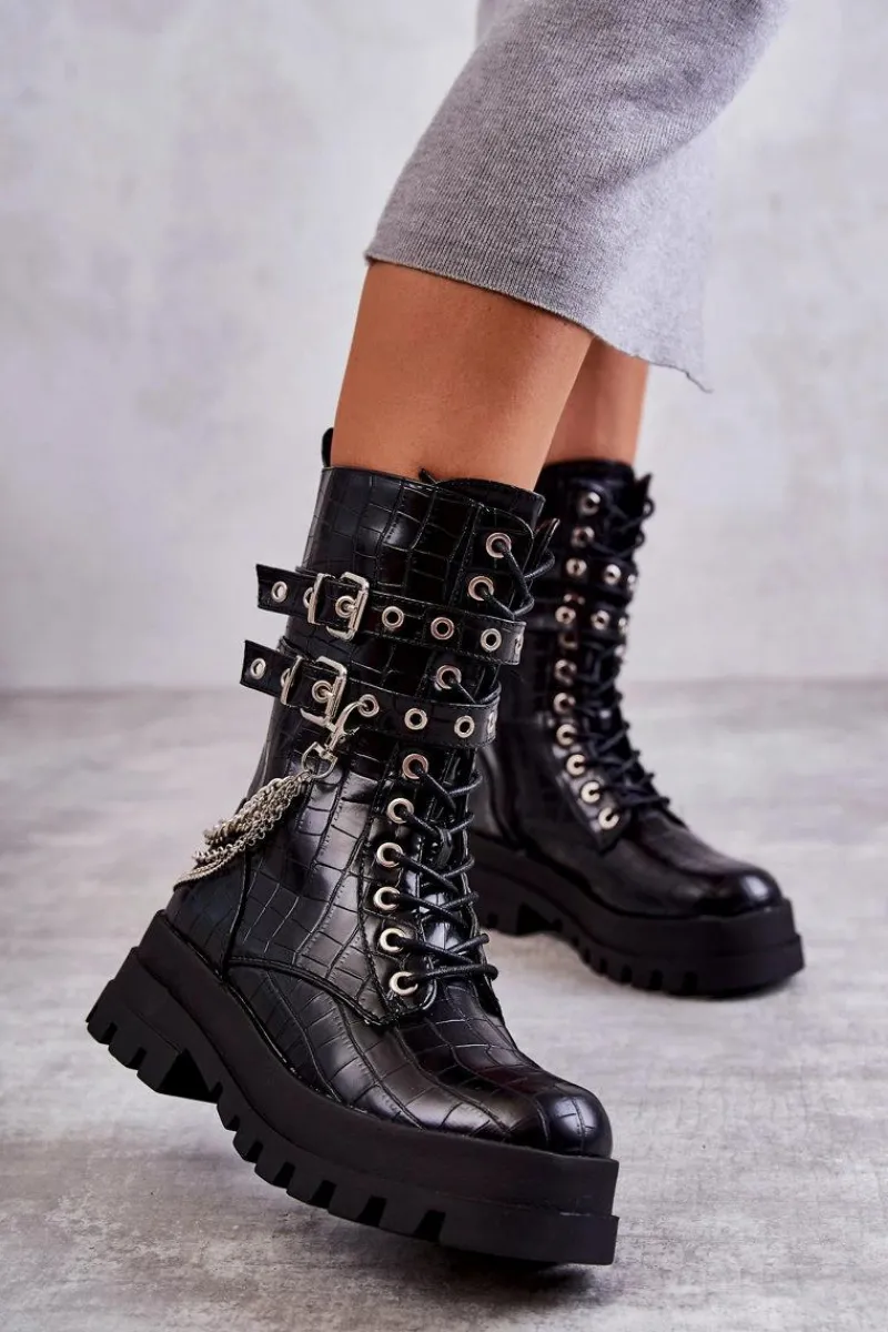 New Boto Wysokie Workery Botki Z Łańcuchem Wężowe Czarne Montero