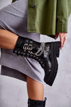 New Boto Wysokie Workery Botki Z Łańcuchem Wężowe Czarne Montero