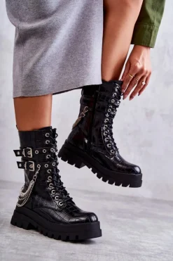 New Boto Wysokie Workery Botki Z Łańcuchem Wężowe Czarne Montero