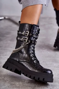 New Boto Wysokie Workery Botki Z Łańcuchem Wężowe Czarne Montero