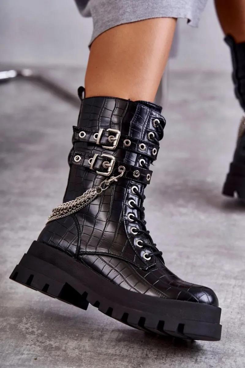 New Boto Wysokie Workery Botki Z Łańcuchem Wężowe Czarne Montero
