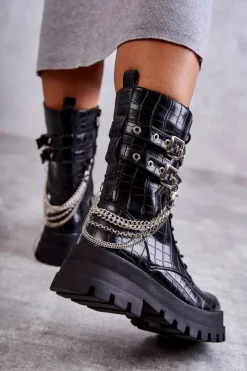 New Boto Wysokie Workery Botki Z Łańcuchem Wężowe Czarne Montero
